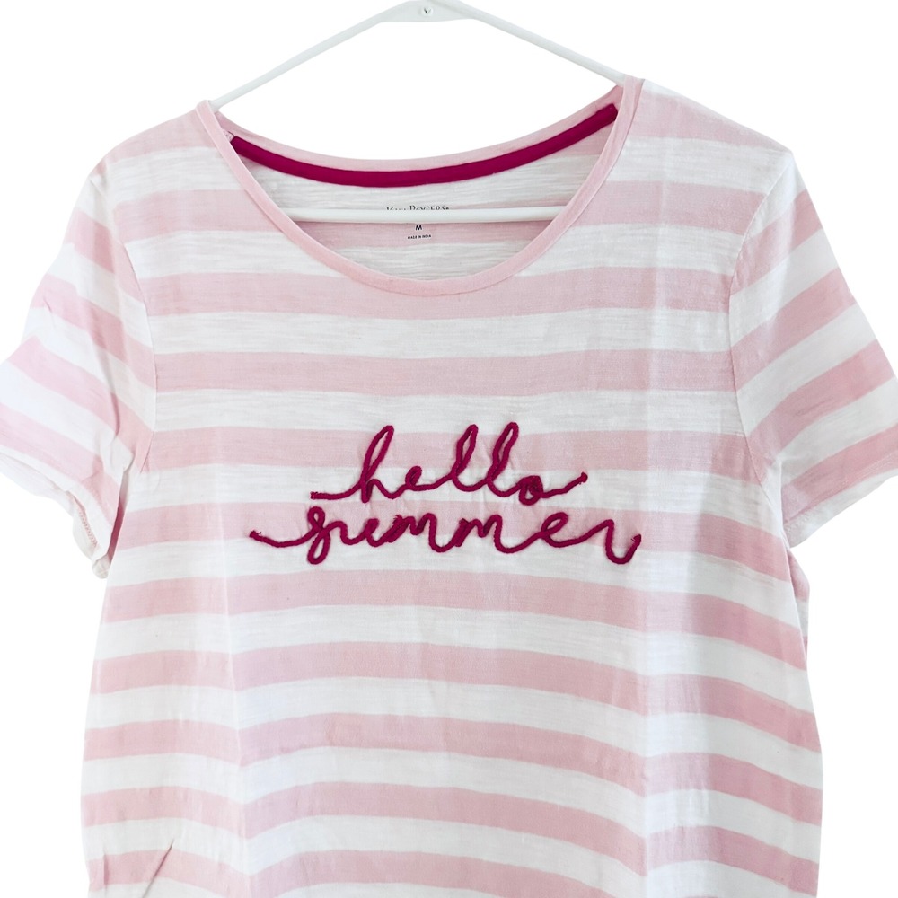Kim Rogers Women's T-Shirt M Medium Pink White Striped Hello Summer Embroidered - Picture 5 of 10